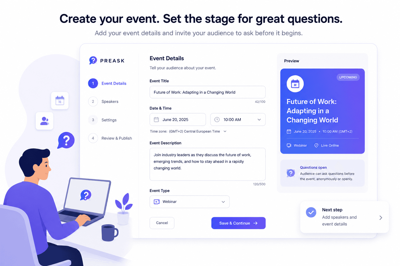 Create your event on Preask — set the stage for great questions